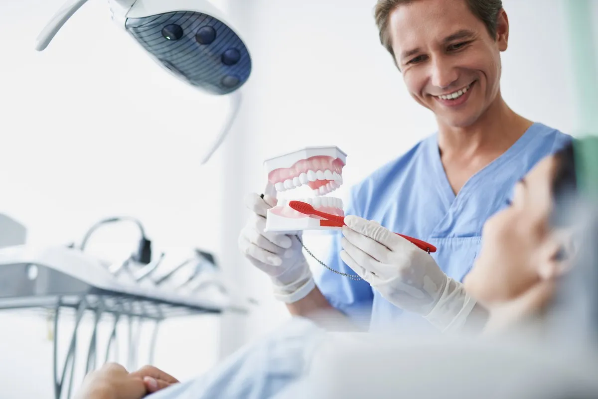 Useful consultation. Portrait of handsome stomatologist in sterile gloves holding teeth model and toothbrush while looking at lady and smiling